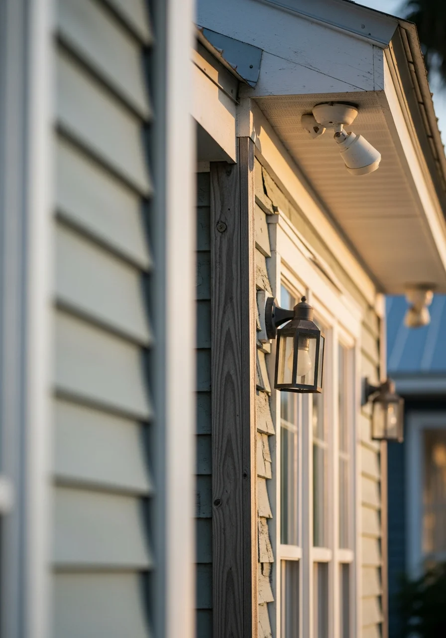 Close-up of coastal home exterior showing weathered siding and ocean-facing architectural details.