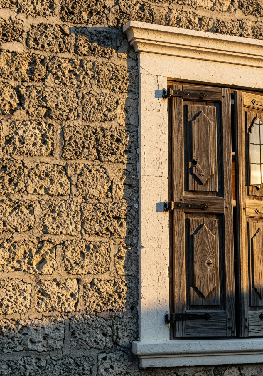 Close-up of historic home's architectural features and traditional exterior materials.