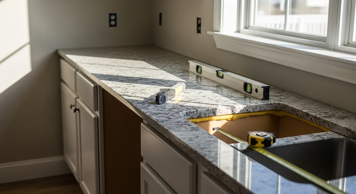 Newly installed kitchen countertop in a Neptune Beach, FL coastal home, showing clean seams, a finished sink cutout, and updated cabinetry below. The kitchen features a bright, open layout typical of renovated Neptune Beach bungalows near the Atlantic coast.